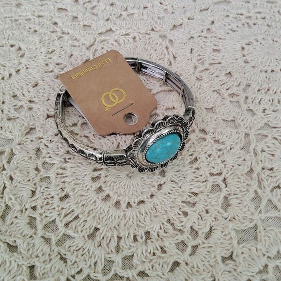 Silver Flower Turquoise Stretchy Bangle Bracelet - Picture 5 of 8